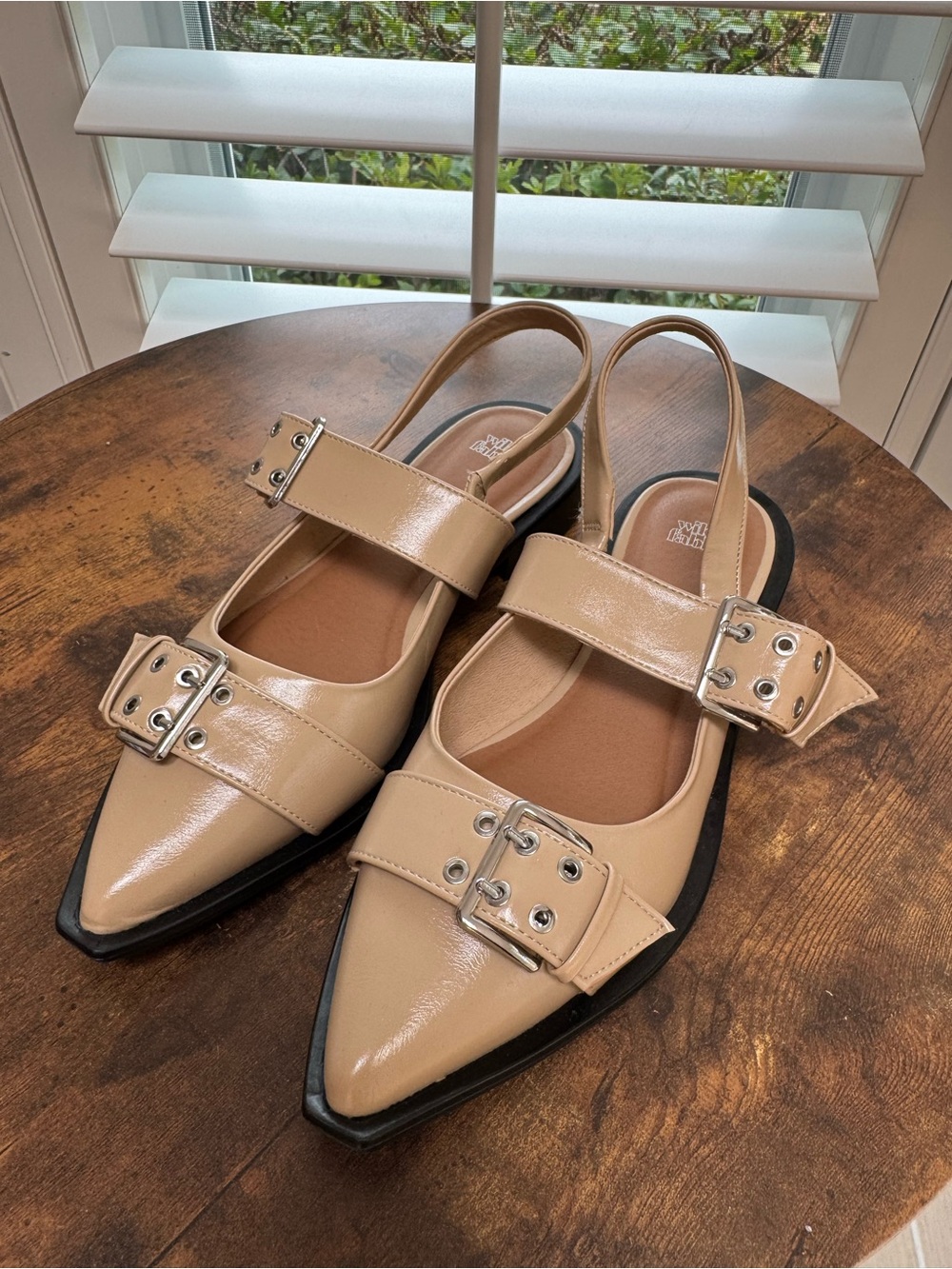 Beige Pointed-Toe Buckle Slingback Flats - Women Wide Fable